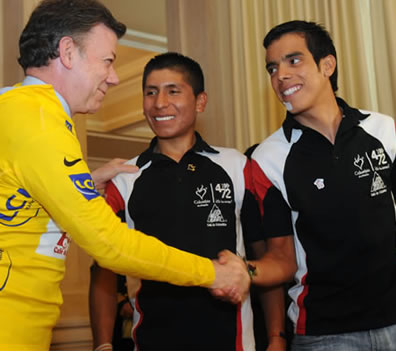 Presidente Santos, Nairo Quintana y Jarlison Pantano. EFE
