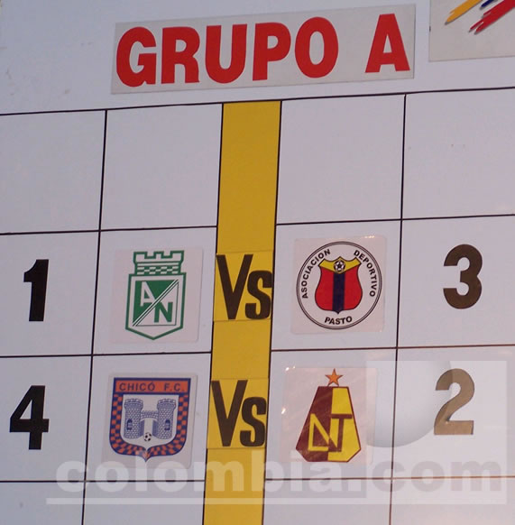 Así quedó la primera fecha del grupo A. Foto:Colombia.com Las fechas de los cuadrangulares se disputarán el 19 y 26 de noviembre así como el 3, 6, 10 y 13 de diciembre. Huila jugará la Promoción el 22y 29 de noviembre. Y la Final por el título del Finalización será el 17 (domingo) y 20 (miércoles). En el Cuadrangular A, Nacional recibirá la visita del actual campeón Deportivo Pasto, mientras que Chicó esperará al Deportes Tolima, equipo que terminó líder en la fase de Todos contra Todos. Entre tanto, en el Cuadrangular B, Atlético Huila recibirá la visita del Cúcuta, mientras que Millonarios se enfrentará al Medellín en El Campín de Bogotá. El primer equipo de cada cuadrangular disputará la final del campeonato en dos partidos de ida y vuelta y el ganador, además de obtener su estrella, tendrá el segundo cupo a la Copa Libertadores de América de 2007. El primero lo ganó el Deportivo Pasto, que fue el campeón del Torneo Apertura, mientras que el tercero será para el equipo que termine primero en la tabla de reclasificación, que es la suma de ambos torneos, y que en el momento tiene al Cúcuta encabezando el grupo. Los cuadrangulares se iniciarán el próximo domingo (click para ampliar) Esta es la imágen del sorteo de la primera fecha en el B Así quedó la primera fecha del grupo A. Foto:Colombia.com Las fechas de los cuadrangulares se disputarán el 19 y 26 de noviembre así como el 3, 6, 10 y 13 de diciembre. Huila jugará la Promoción el 22y 29 de noviembre. Y la Final por el título del Finalización será el 17 (domingo) y 20 (miércoles). En el Cuadrangular A, Nacional recibirá la visita del actual campeón Deportivo Pasto, mientras que Chicó esperará al Deportes Tolima, equipo que terminó líder en la fase de Todos contra Todos. Entre tanto, en el Cuadrangular B, Atlético Huila recibirá la visita del Cúcuta, mientras que Millonarios se enfrentará al Medellín en El Campín de Bogotá. El primer equipo de cada cuadrangular disputará la final del campeonato en dos partidos de ida y vuelta y el ganador, además de obtener su estrella, tendrá el segundo cupo a la Copa Libertadores de América de 2007. El primero lo ganó el Deportivo Pasto, que fue el campeón del Torneo Apertura, mientras que el tercero será para el equipo que termine primero en la tabla de reclasificación, que es la suma de ambos torneos, y que en el momento tiene al Cúcuta encabezando el grupo. Los cuadrangulares se iniciarán el próximo domingo (click para ampliar) Esta es la imágen del sorteo de la primera fecha en el B